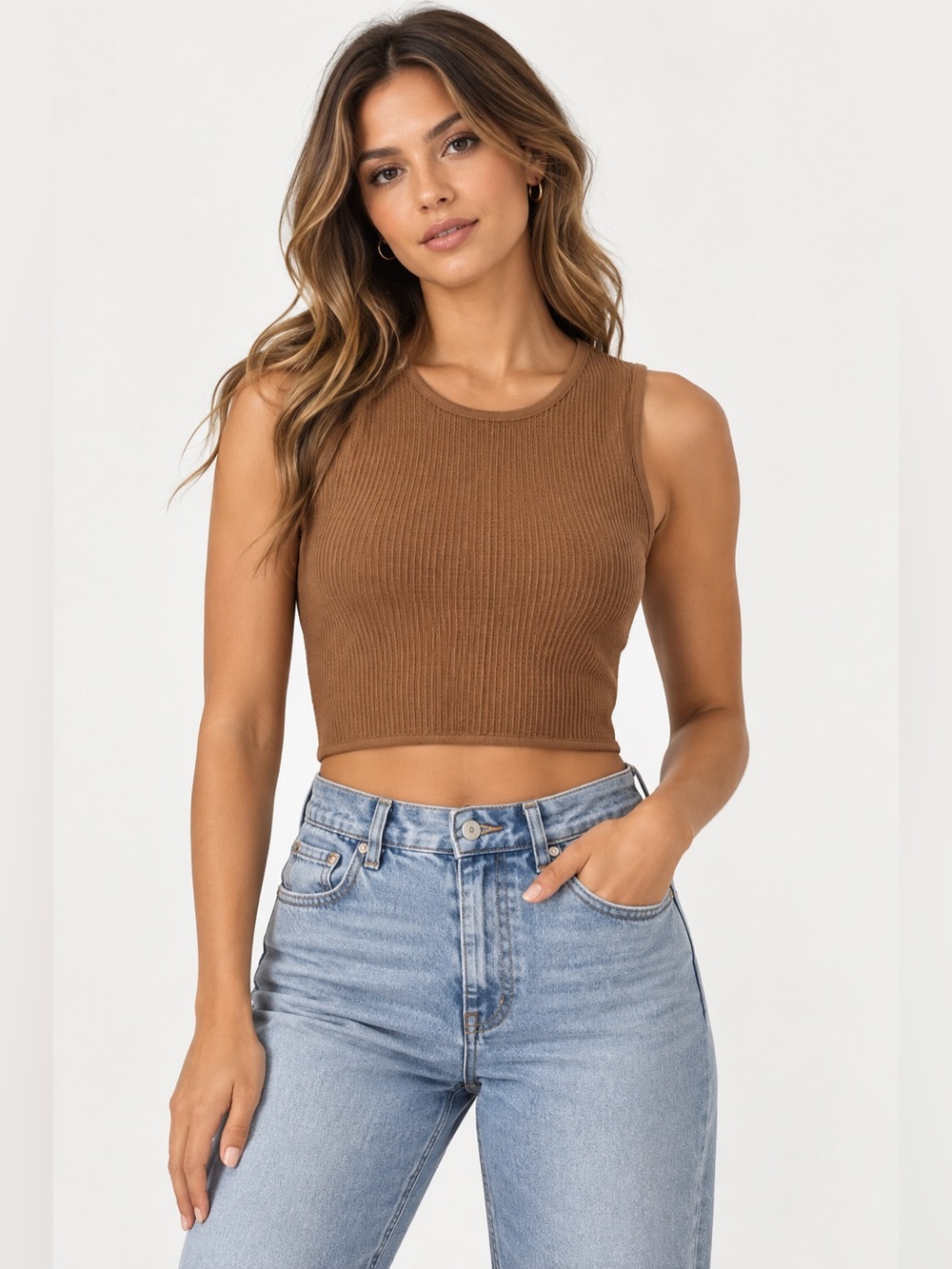 House of Harlow 1960 Ribbed Cropped Tank Top - Camel Brown